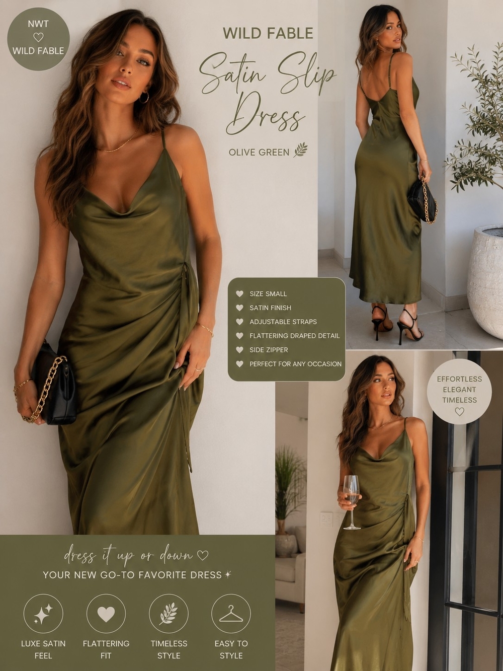 ✨🌿 NWT Wild Fable Olive Satin Slip Dress 🌿✨